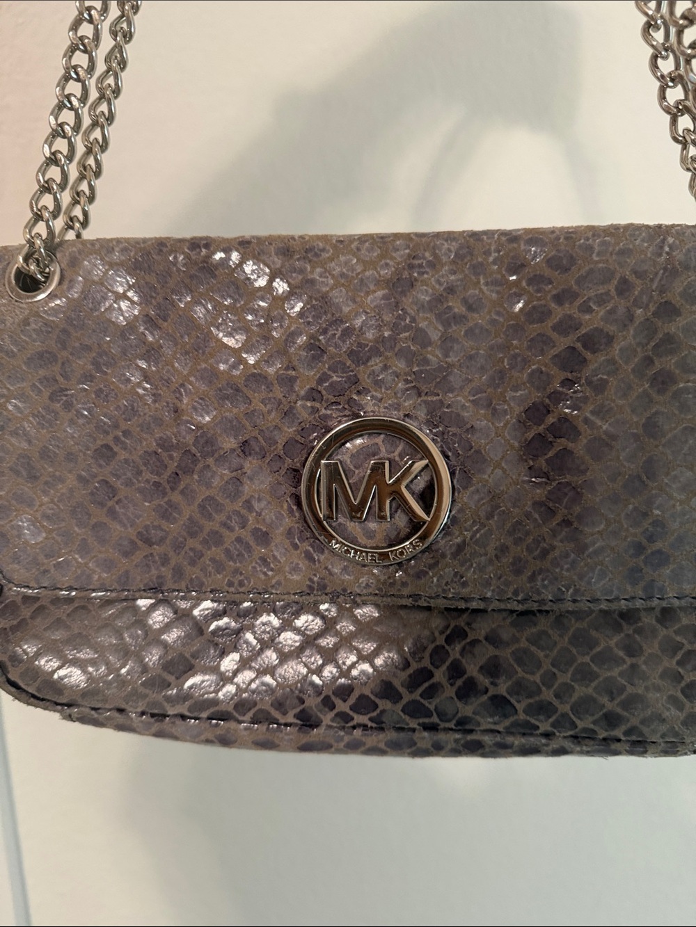 Michael Kors Gray Snake-Embossed Chain Shoulder Bag with MK Medallion - Picture 2 of 6